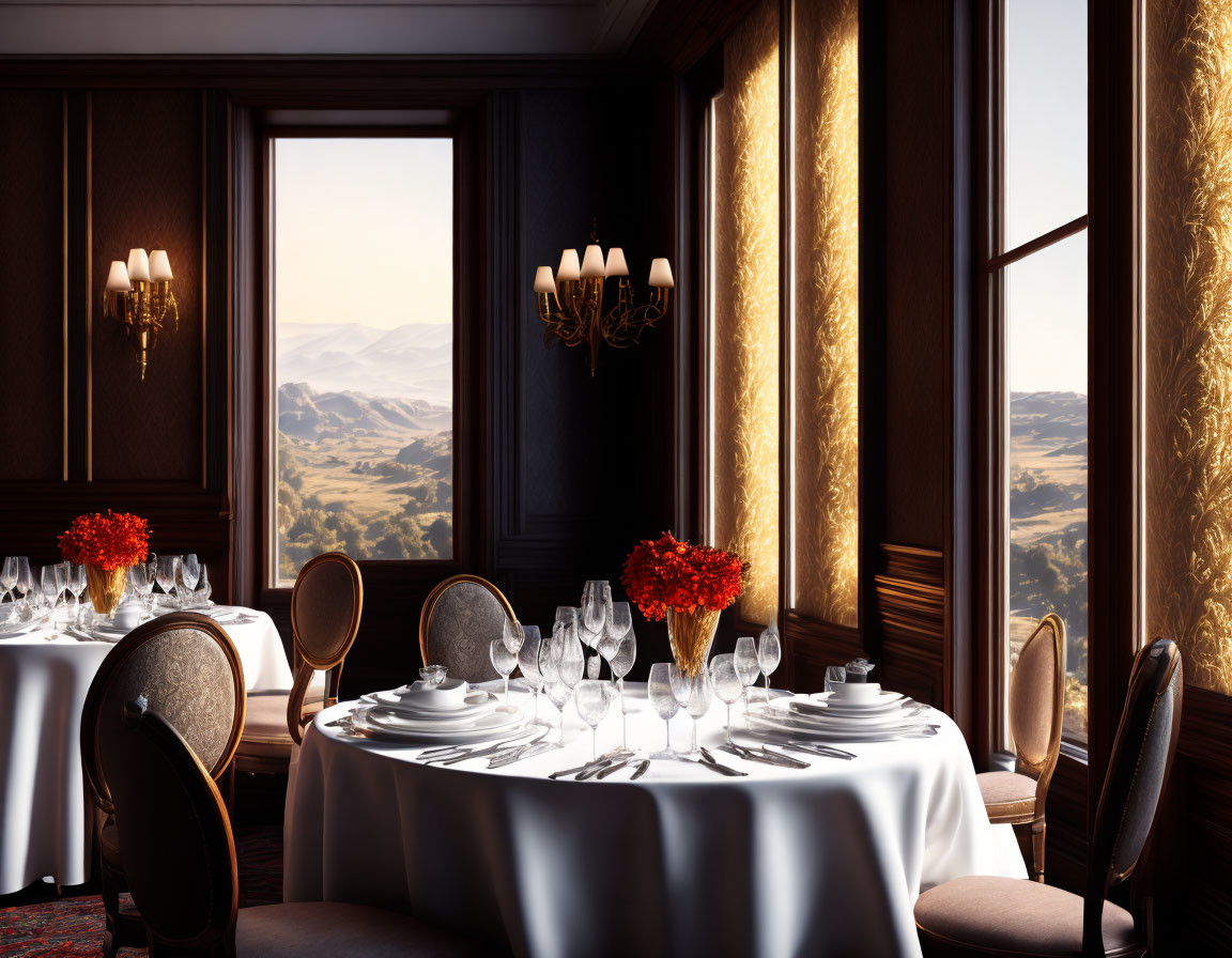 Sophisticated dining room with table settings, red flowers, and candle-style wall sconces overlooking