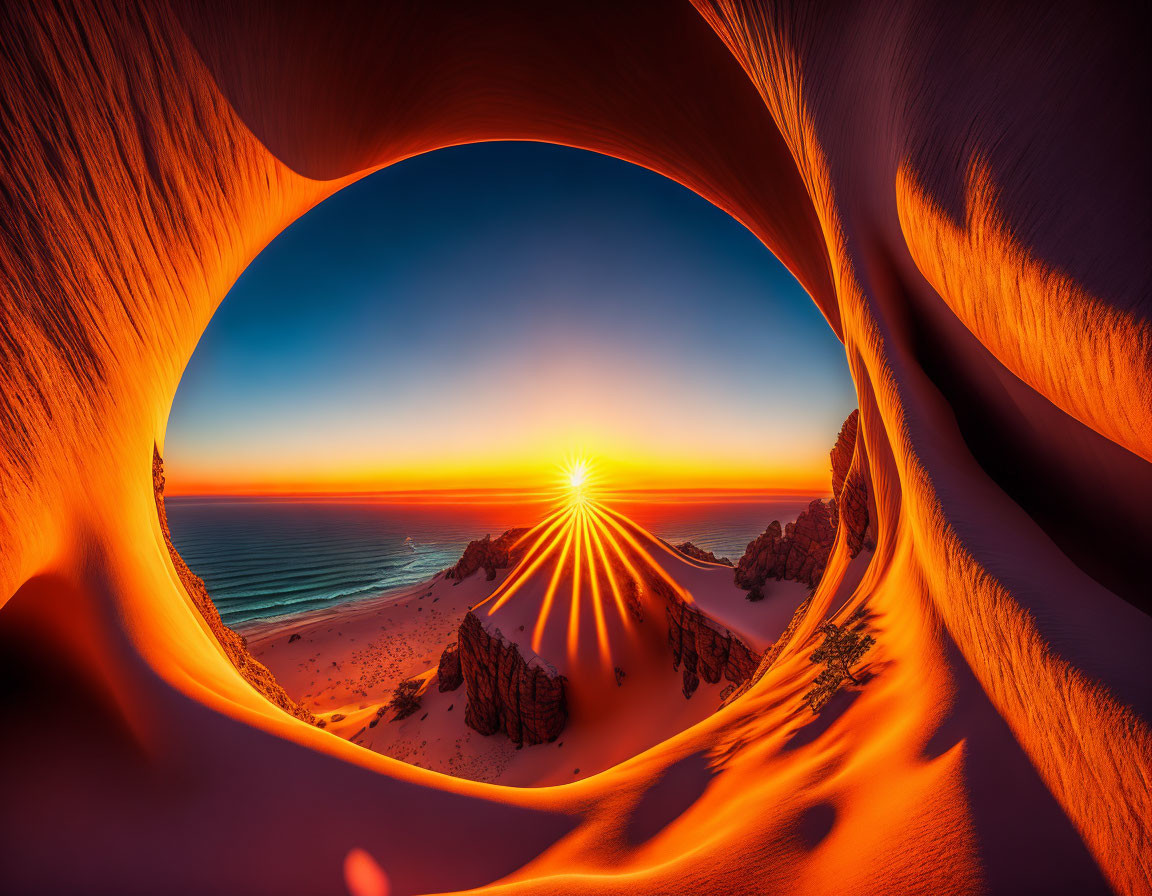 Sunburst through sandstone arch with orange dunes and blue sky