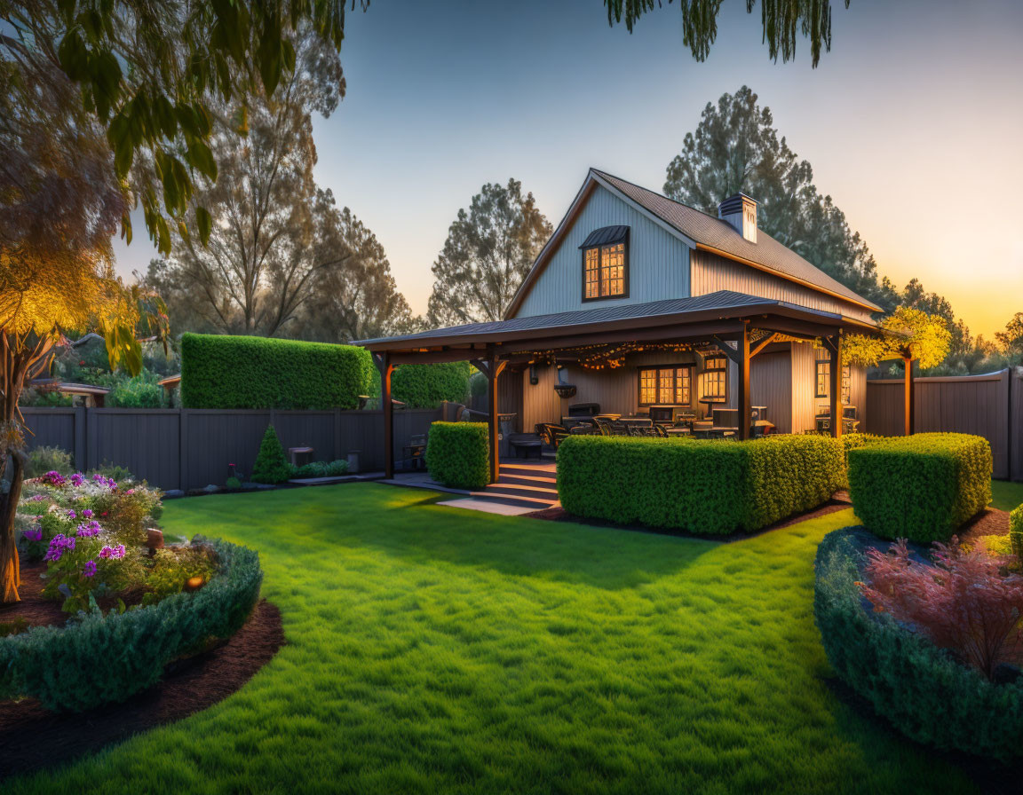 Sunset scene of charming house with dark roof, white walls, manicured lawn, vibrant garden,