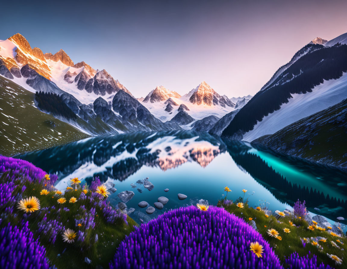 Serene Sunrise Mountain Landscape with Reflective Lake