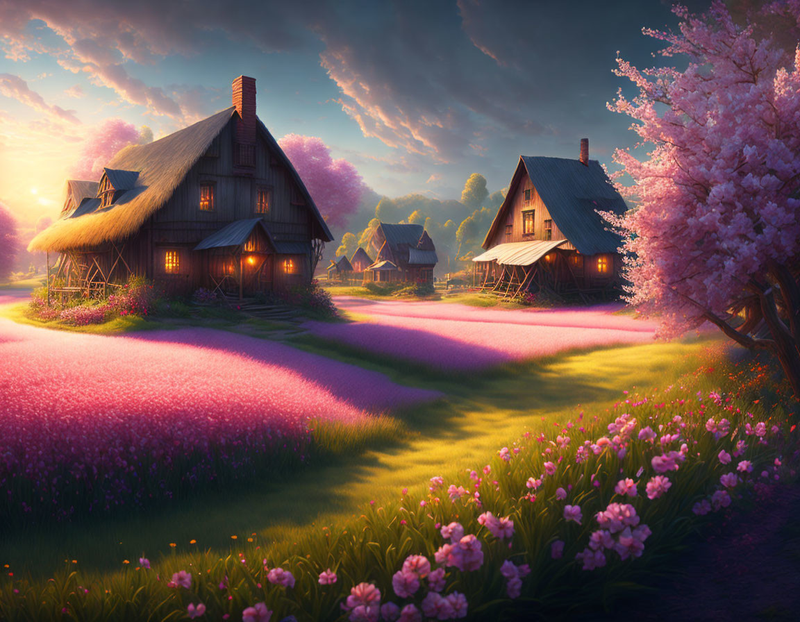 Scenic village with pink floral fields and cherry blossom tree