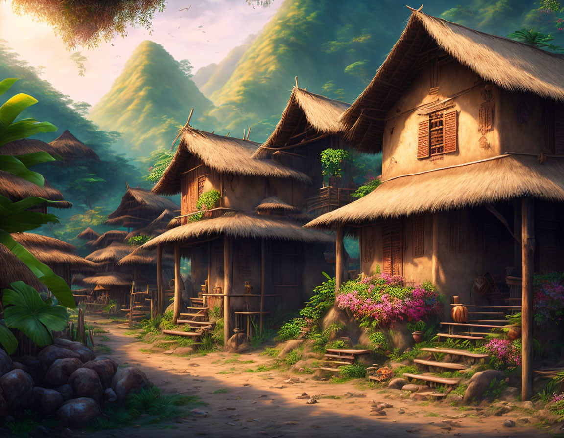 Scenic village with thatched-roof huts in lush green setting