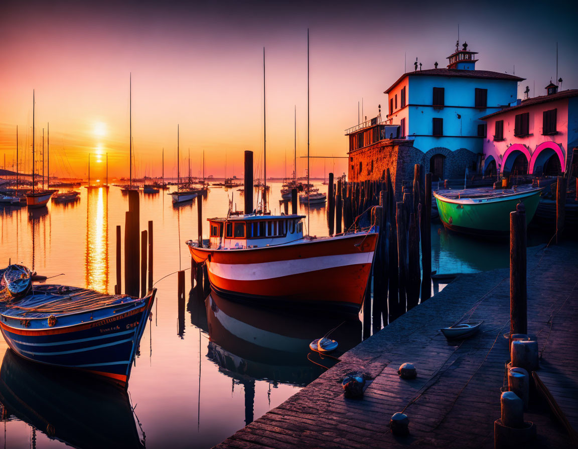 Tranquil sunset harbor with moored boats, colorful skies, and old building