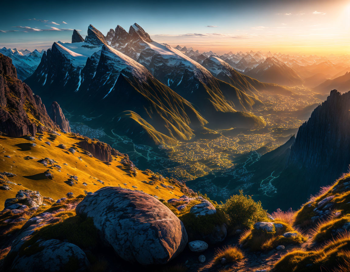 Sunlit valley with snow-capped mountains and clear blue sky