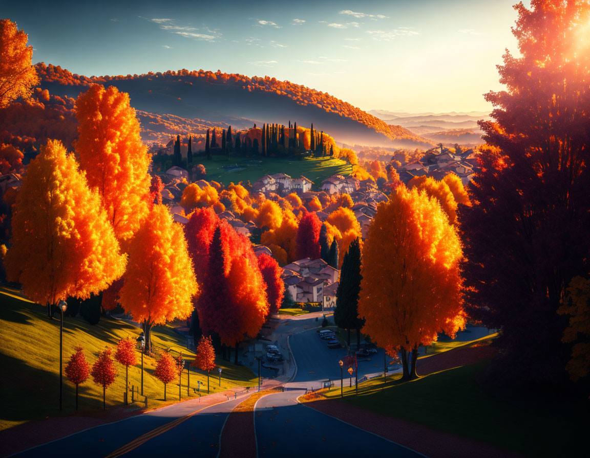 Vibrant autumn landscape: orange and red trees, road to small village.