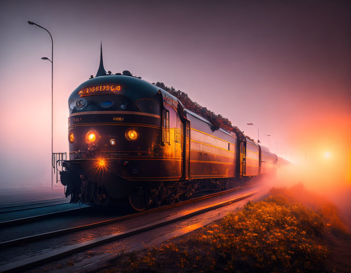 Vintage train moving on tracks at dusk with glowing headlight and misty orange atmosphere.