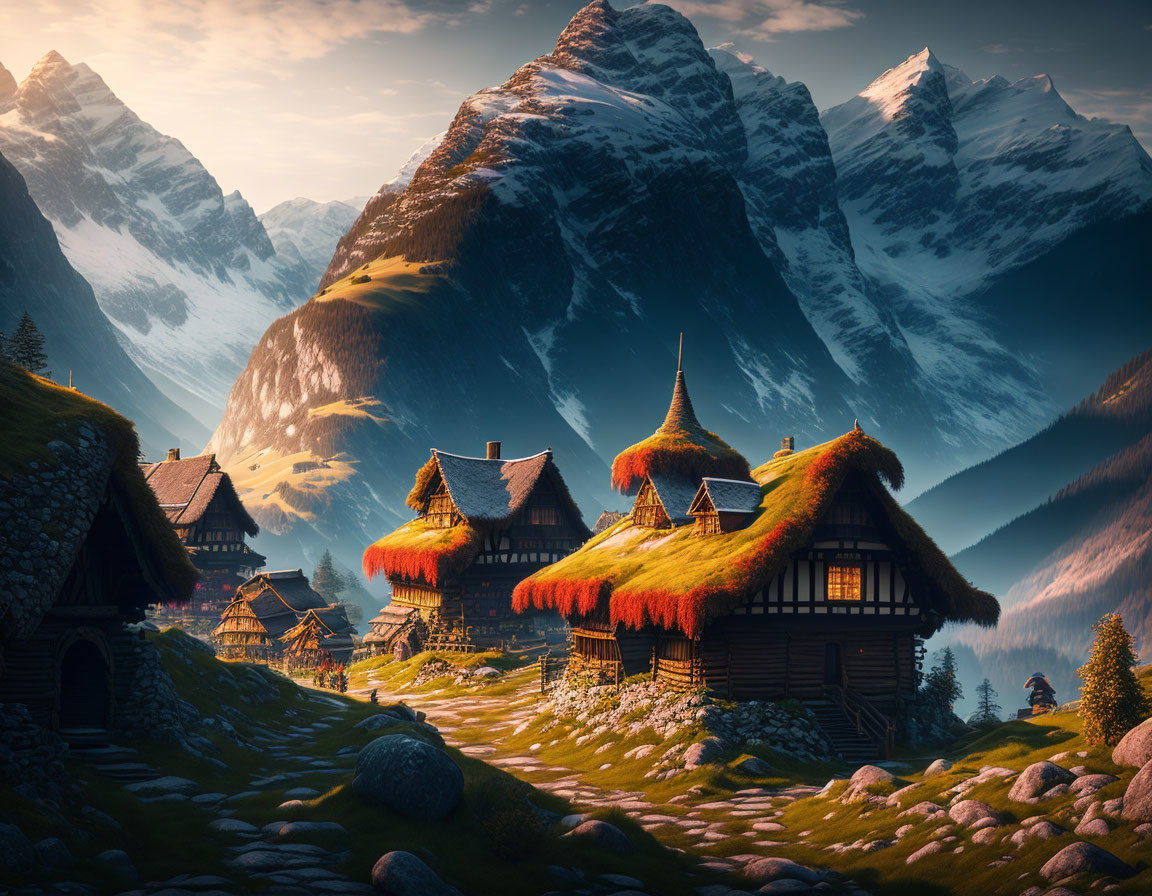 Traditional wooden houses in serene mountain village at golden sunset