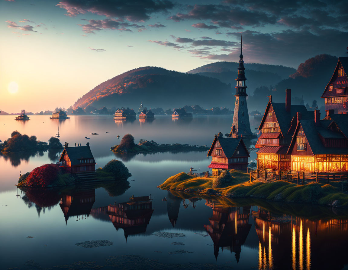 Scenic village sunset with traditional houses, lake, mountains, and picturesque sky