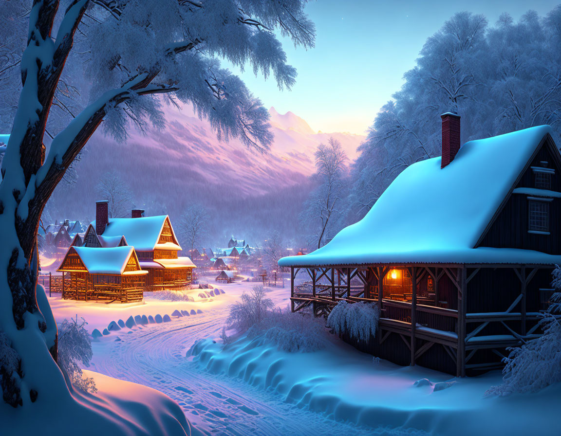 Winter Twilight: Snow-covered cottages in serene landscape