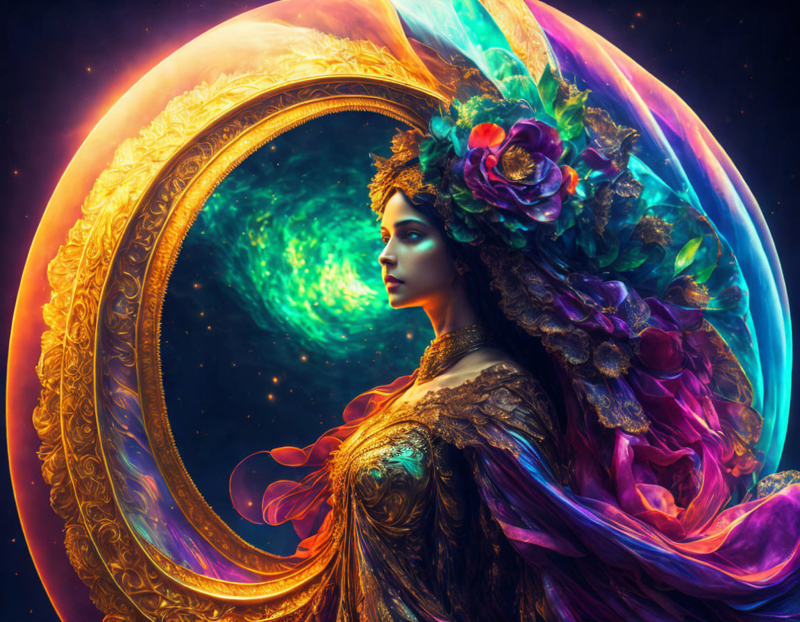 Vibrant floral headpiece and golden attire on woman in cosmic setting