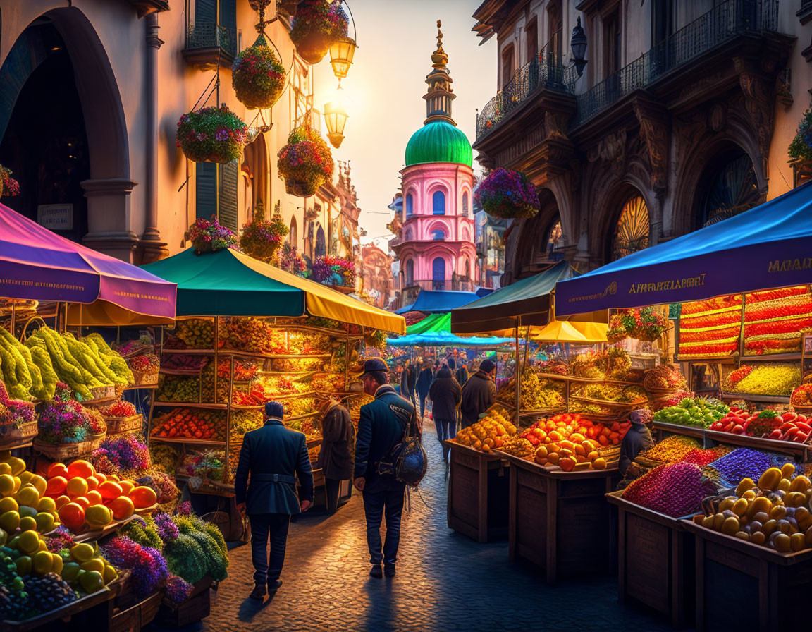 Vibrant outdoor market with fruit stands, shoppers, and pink-domed building at twilight