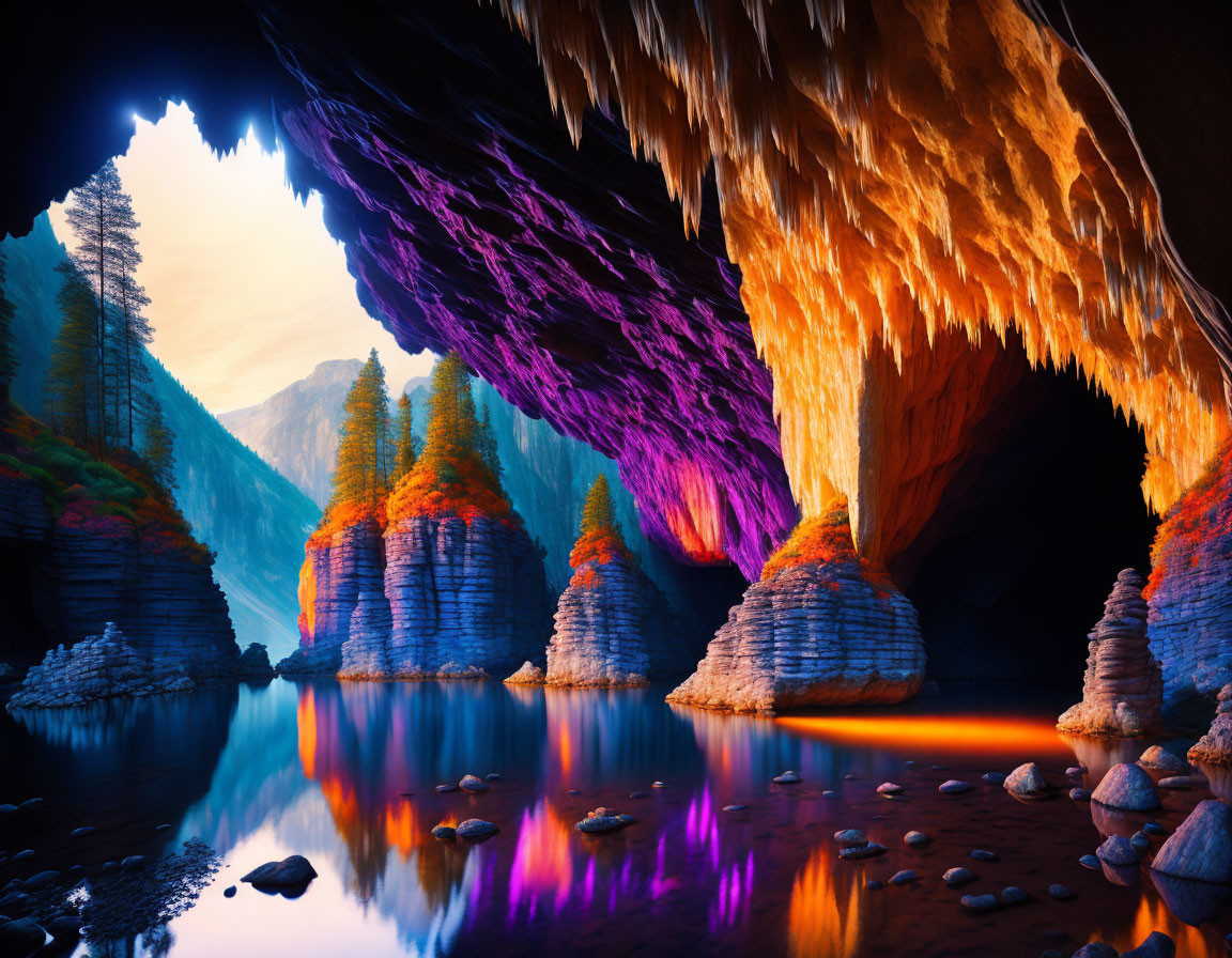 Colorful landscape with orange cave ceiling, purple stalactites, red foliage, blue water, and