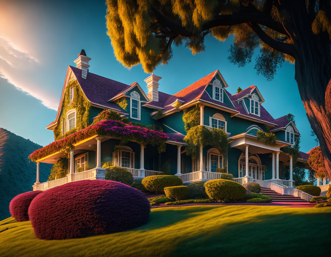 Victorian two-story house with wraparound porch and vibrant landscaping at sunset