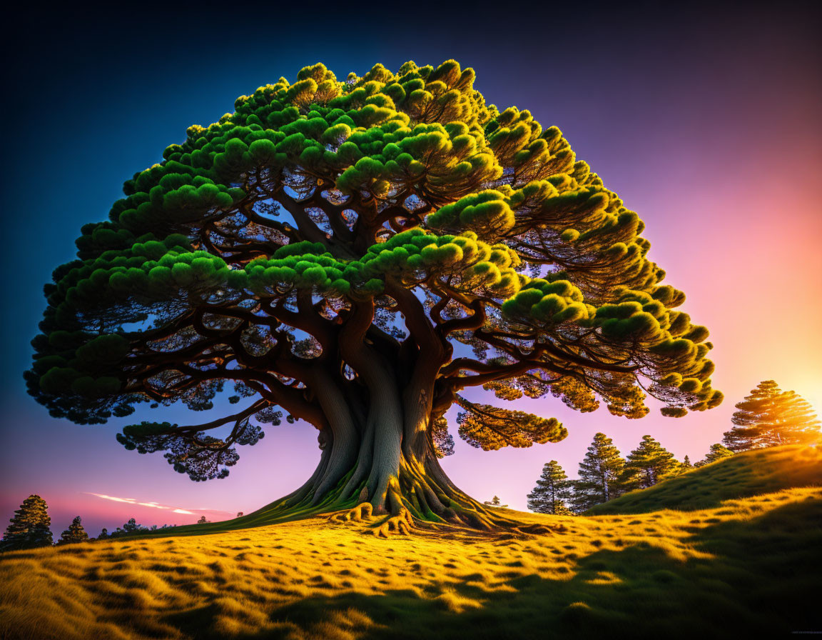 Majestic tree with dense foliage against vibrant twilight sky