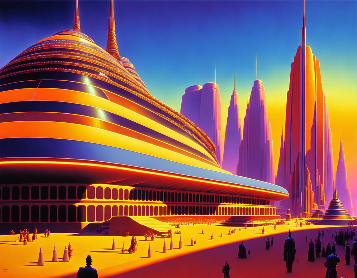 Futuristic cityscape with curved buildings under orange and blue sky