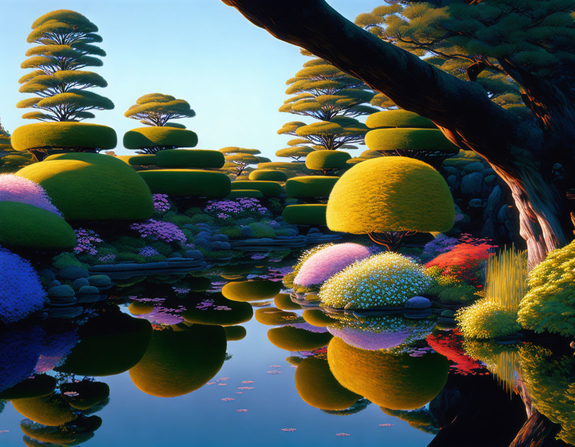 Tranquil Pond Reflecting Meticulously Trimmed Trees and Colorful Flowers at Dusk