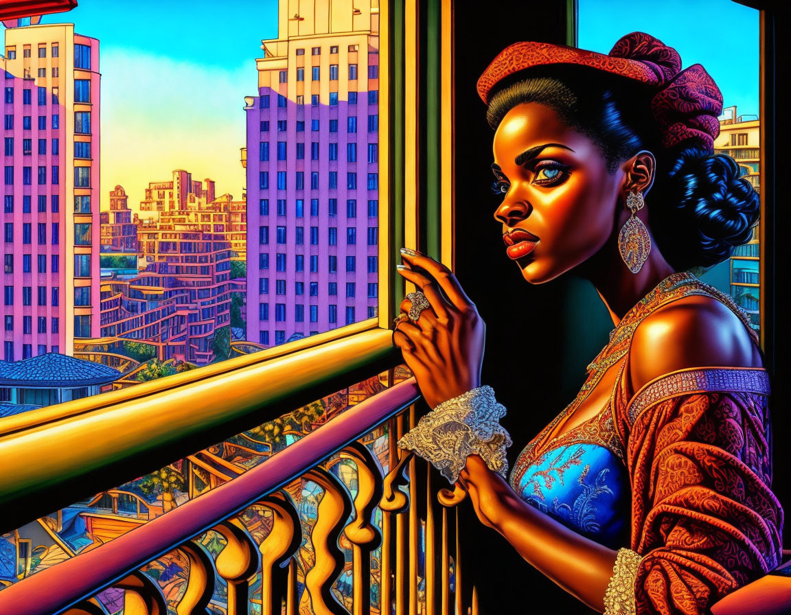 Stylized illustration of elegant woman on balcony with cityscape.