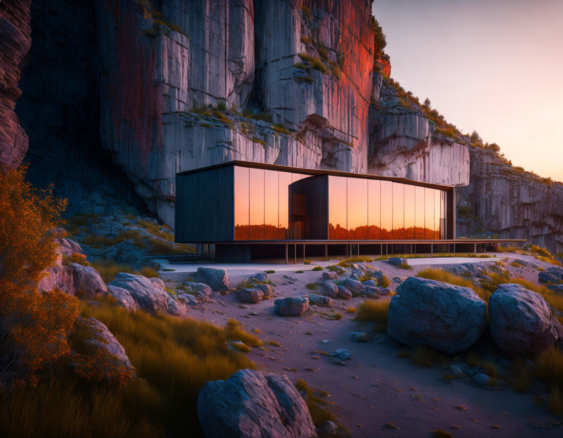 Glass house against rock formation in warm sunset glow with vibrant flora