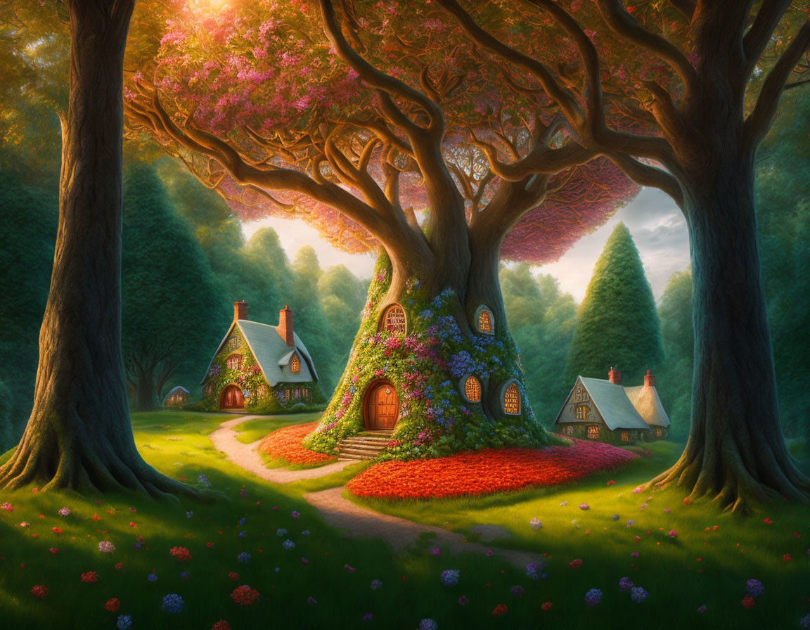 Whimsical forest scene with cottages and vibrant tree