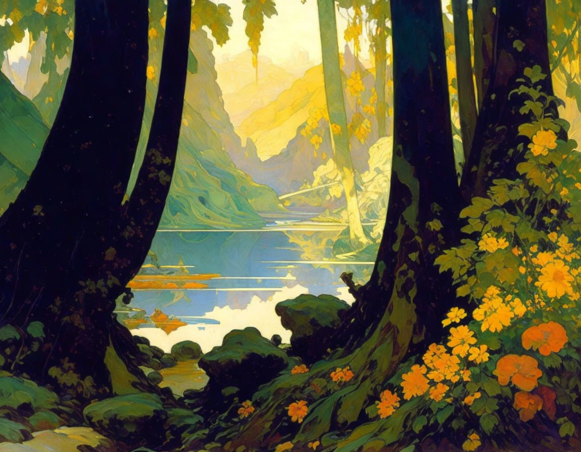 Lush forest scene with towering trees, mountain, lake, and colorful flowers