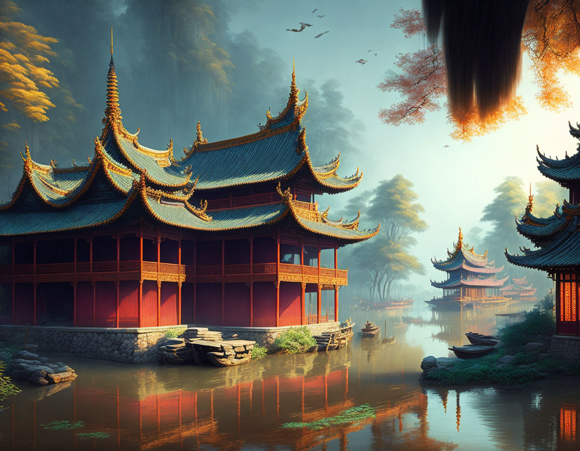 Ornate traditional Asian architecture by river at sunrise