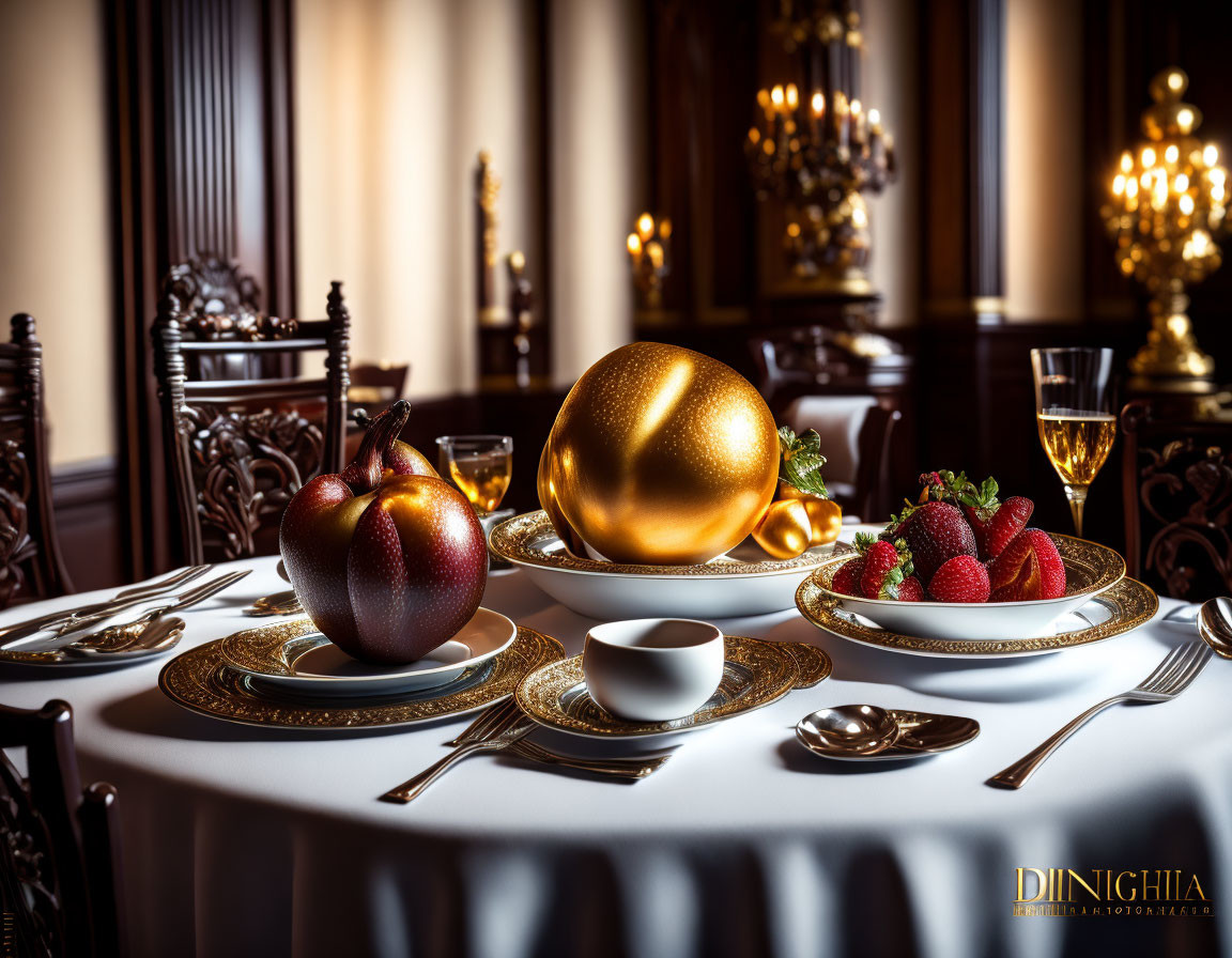 Luxurious Dining Setup with Golden Tableware and Ornate Decor - Elegant Room Ambiance