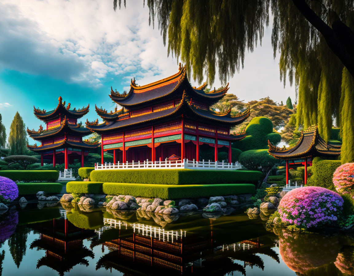 Scenic Chinese pavilions by tranquil lake and vibrant gardens