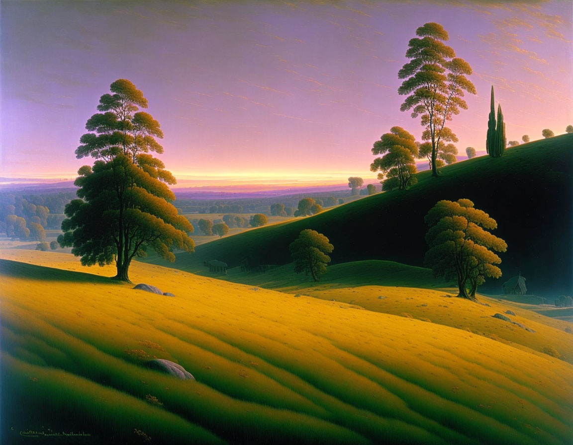 Tranquil sunrise landscape with rolling hills, green trees, and gradient sky.