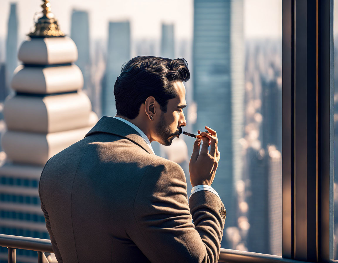 Sophisticated man in tailored suit looking out window with pen.