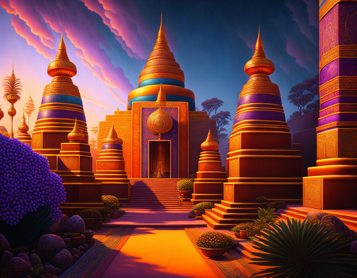 Golden temples with intricate designs against purple sunset sky