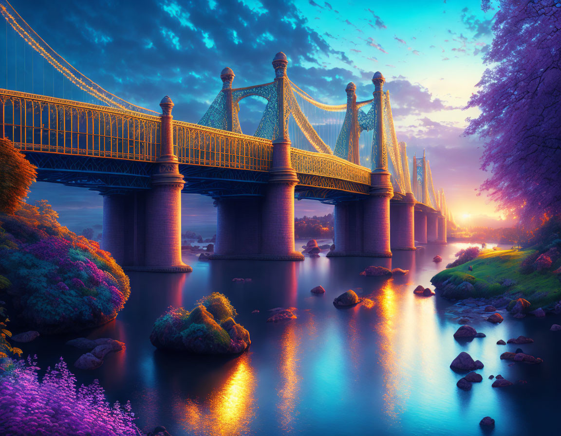 Ornate bridge over tranquil river at sunset with vibrant flora