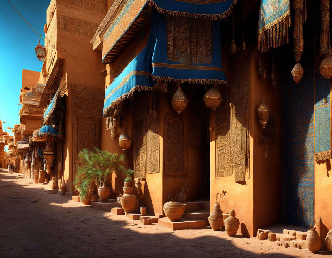 Traditional Middle Eastern Alleyway with Sunlit Earthen Architecture and Blue Textiles