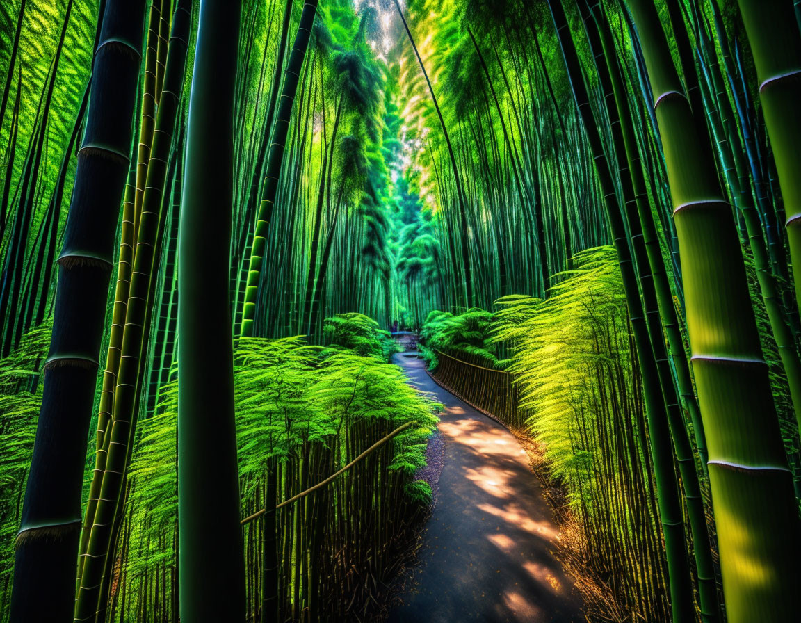 Serene bamboo forest path with sunlight filtering through green stalks.