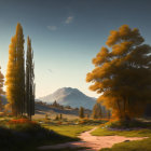 Tranquil landscape with winding forest path and distant mountains