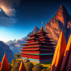 Digital artwork: Traditional pagoda in red cliffs under dynamic skies