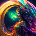 Vibrant floral headpiece and golden attire on woman in cosmic setting