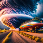 Surreal spaceship-like vehicle on runway with swirling cloud formation