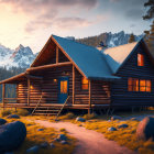 Cozy log cabin in forest clearing at dusk with snow-capped mountains