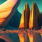 Surreal landscape featuring towering orange spires and traditional structures