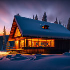 Snowy forest A-frame cabin at dusk with warm light and serene sky