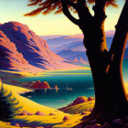 Colorful landscape with lake, hills, tree, and mountains under warm sky