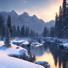 Snow-covered trees and mountains reflecting in a calm lake under a dusk sky with a crescent moon and