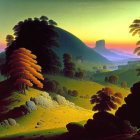 Vivid sunset painting with golden light on tree and rolling hills