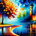 Colorful Autumnal Scene with Church, River, and Sky