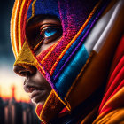 Vibrant superhero mask against city skyline at sunset