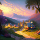 Vibrant sunset landscape with illuminated cottages in lush forest