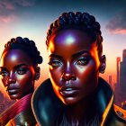 Stylized digital art: Radiant women in futuristic cityscape