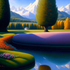 Scenic landscape painting with trees, river, flowers, and mountains