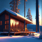 Snow-covered cabin in tranquil forest at dusk