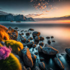 Vibrant sunset scene: rocky shoreline, smooth water, colorful sky, wildflowers, towering cliffs